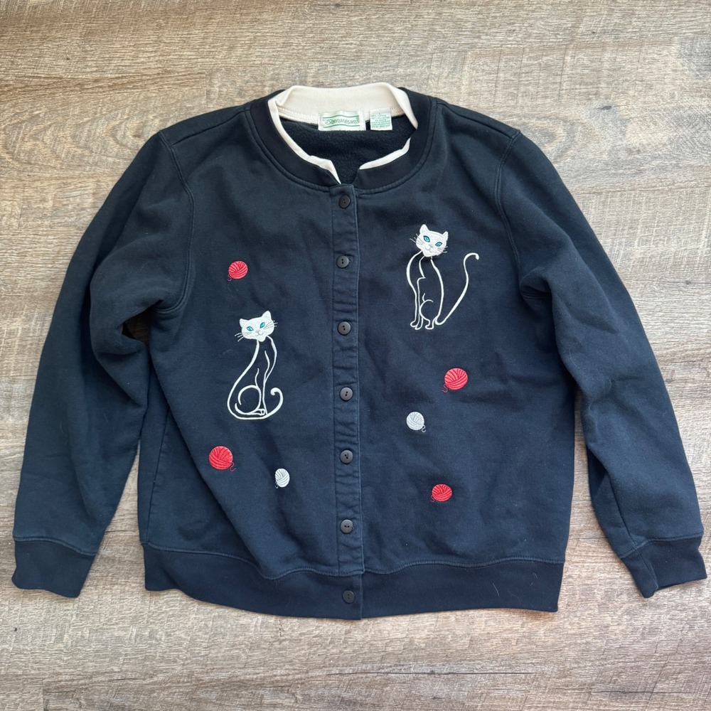 Shenanigans Women Blue Button Up Cat Yarn Embroidered Granny Sweater Cardigan L - Picture 1 of 6